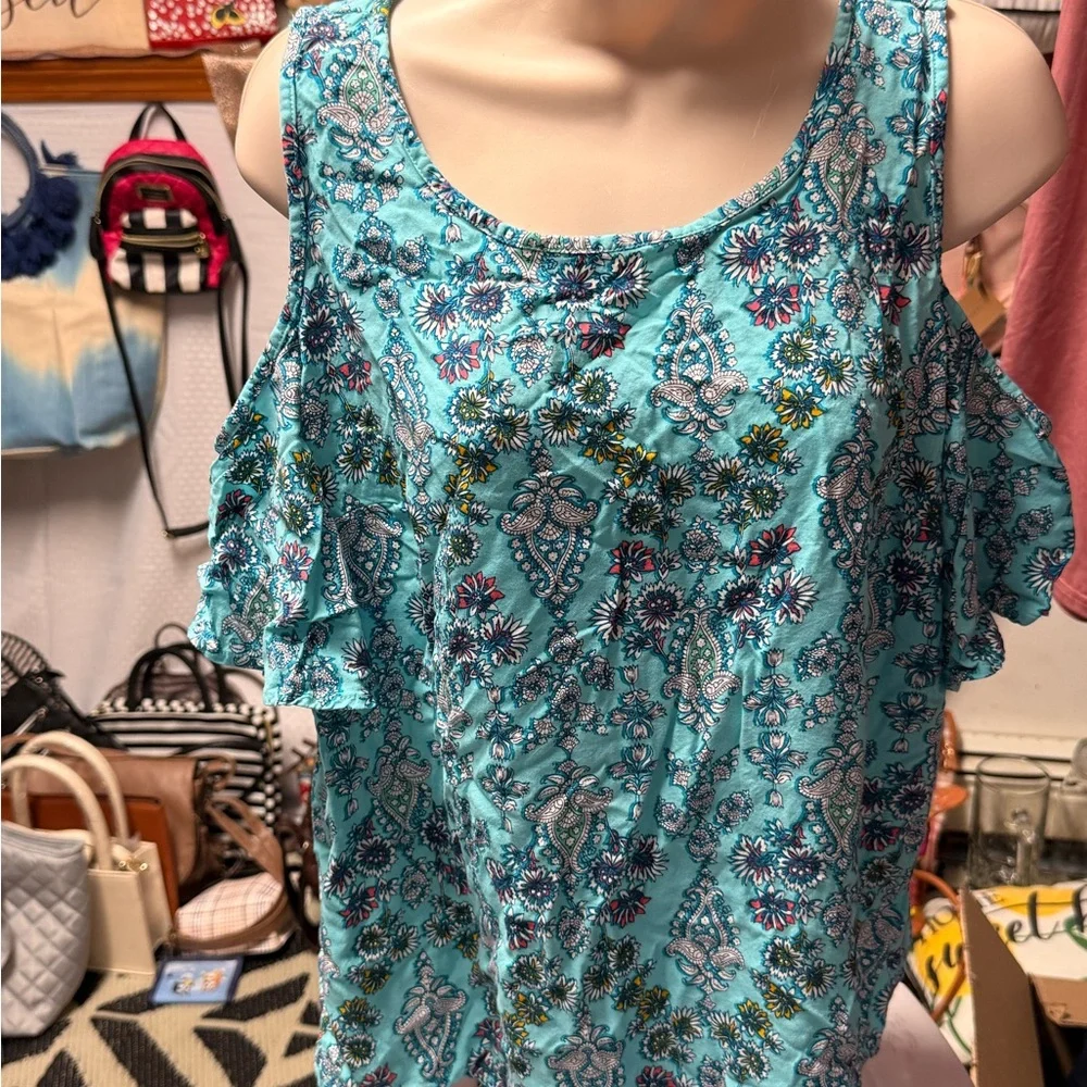 St. John's Bay Floral Cold Shoulder Blouse - Turquoise - Picture 2 of 3